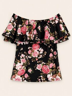 Black Floral Kentucky Derby Off Shoulder Ruffle Top Rose Print Boho Romantic